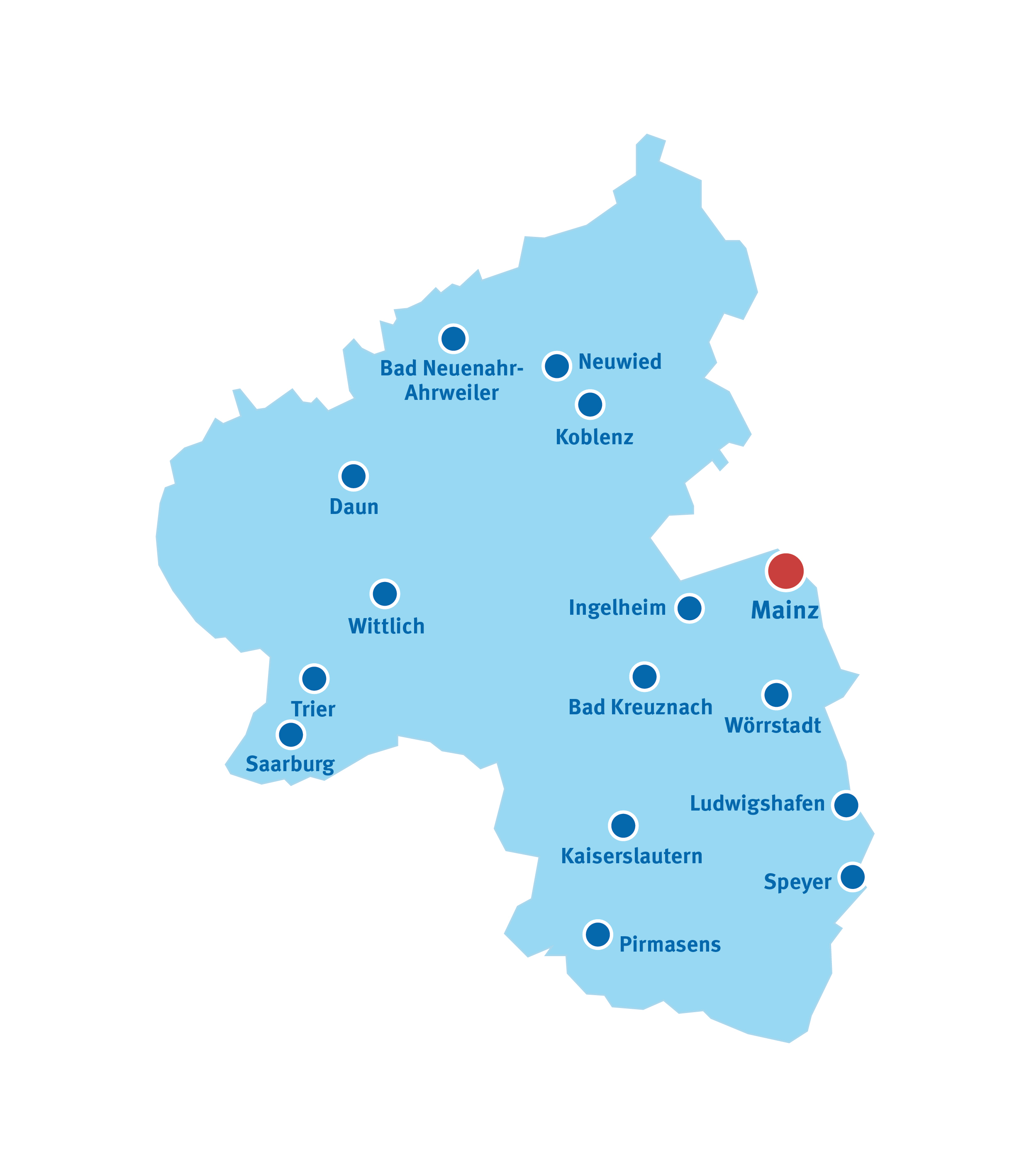 Karte von Rheinland-Pfalz mit allen Beratungsorten der Landesberatungsstelle