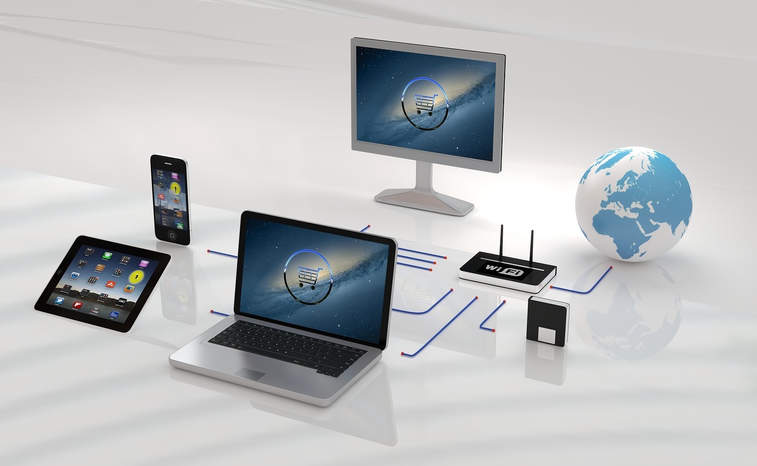 Auf einem weißen Untergrund stehen ein Tablet, ein Smartphone, ein Laptop, ein PC und ein Router. In der rechten oberen Ecke steht ein Globus. Alle Geräte und der Globus sind mit blauen Kabeln miteinander verbunden. Auf den Displays der Geräte sieht man einen stylisierten Einkaufswagen.
