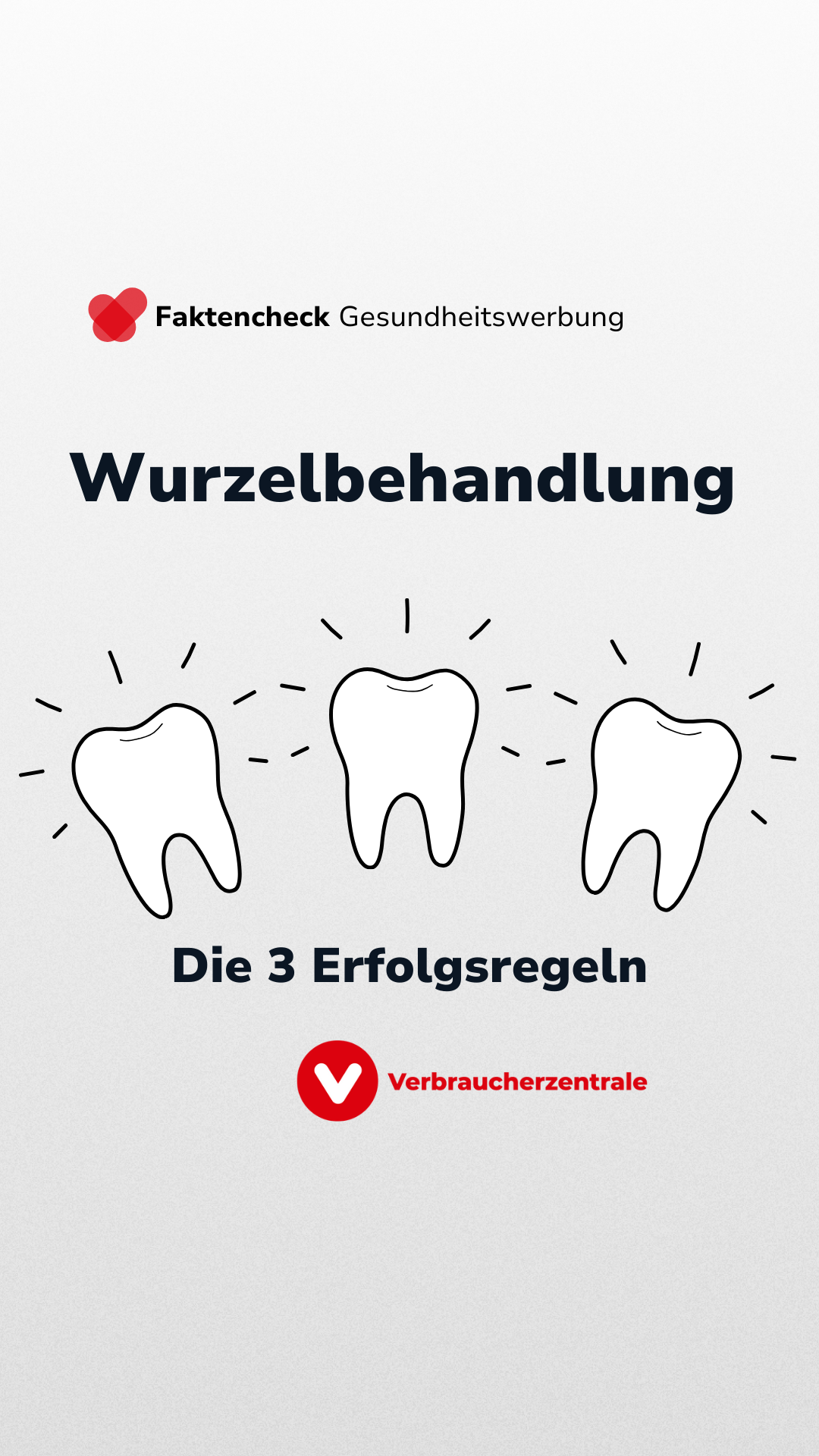 Eine Grafik mit dem Titel „Wurzelbehandlung: Die 3 Erfolgsregeln“. Über dem Text schweben zwei stilisierte, weiße Backenzähne auf weißem Hintergrund. Am oberen Rand steht das Logo von „Faktencheck Gesundheitswerbung“ und unten befindet sich das rote Logo der Verbraucherzentrale.