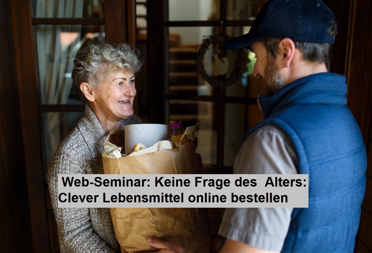 Mann bringt Frau Lebensmittel an die Haustür.
