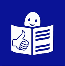 Blaues Hintergrundbild mit dem Logo: gezeichnetes Gesicht mit Buch undDaumen nach oben