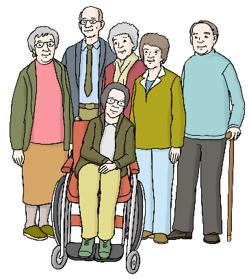Zeichnung Frau im Rollstuhl in Menschengruppe