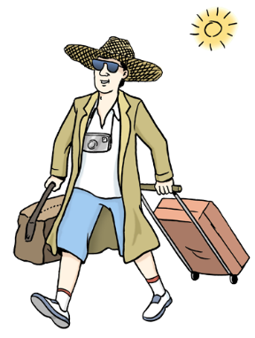 Zeichnung eines Mannes mit Rollkoffer, Reisetasche, Hut und Fotokamera um den Hals. 