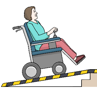 Zeichnung Person im Rollstuhl auf Rampe