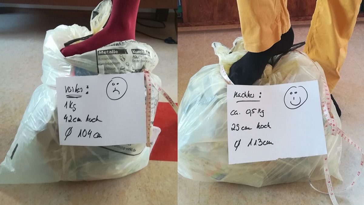Zwei Bilder mit jeweils einem Müllsack auf dem eine Person ihren Fuß stehen hat.