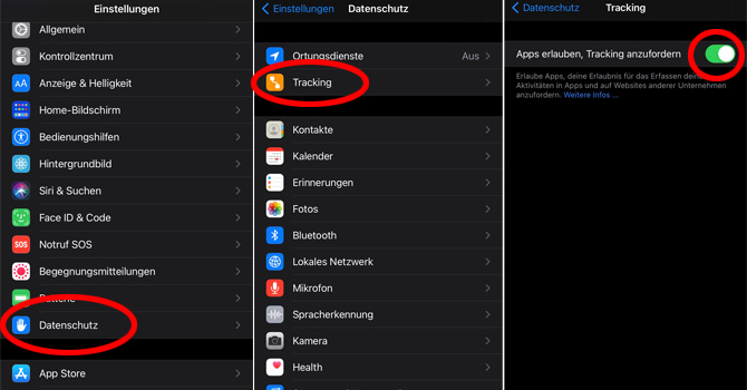Screenshots Einstellungen zum App-Tracking auf iOS 14.5