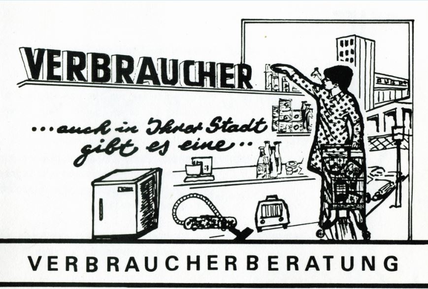 Postkarte mit gezeichneter Frau an einem Regal.