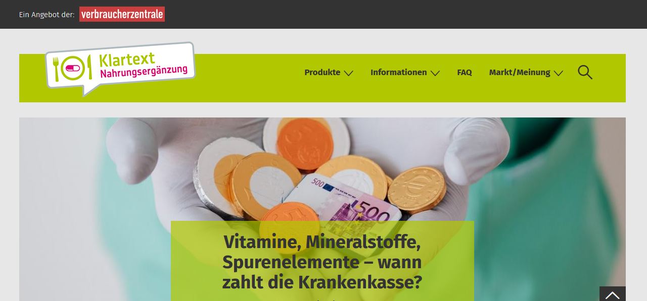 Bild einer Startseite mit Informationen über Nahrungsergänzungsmitteln
