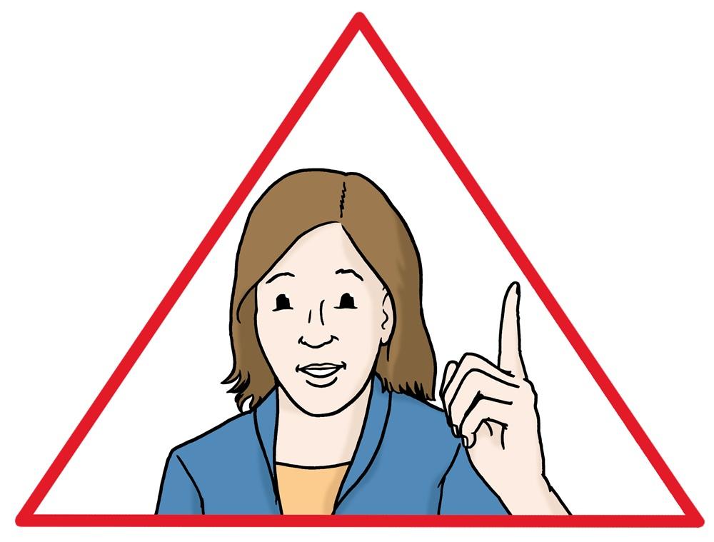 Frau in rotem Dreieck finger erhoben