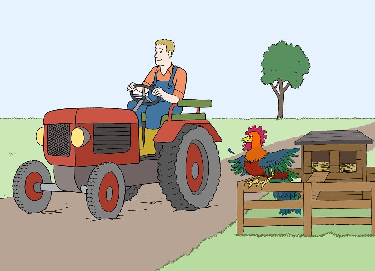 Bauer auf Traktor, daneben Huhn hinter Zaun