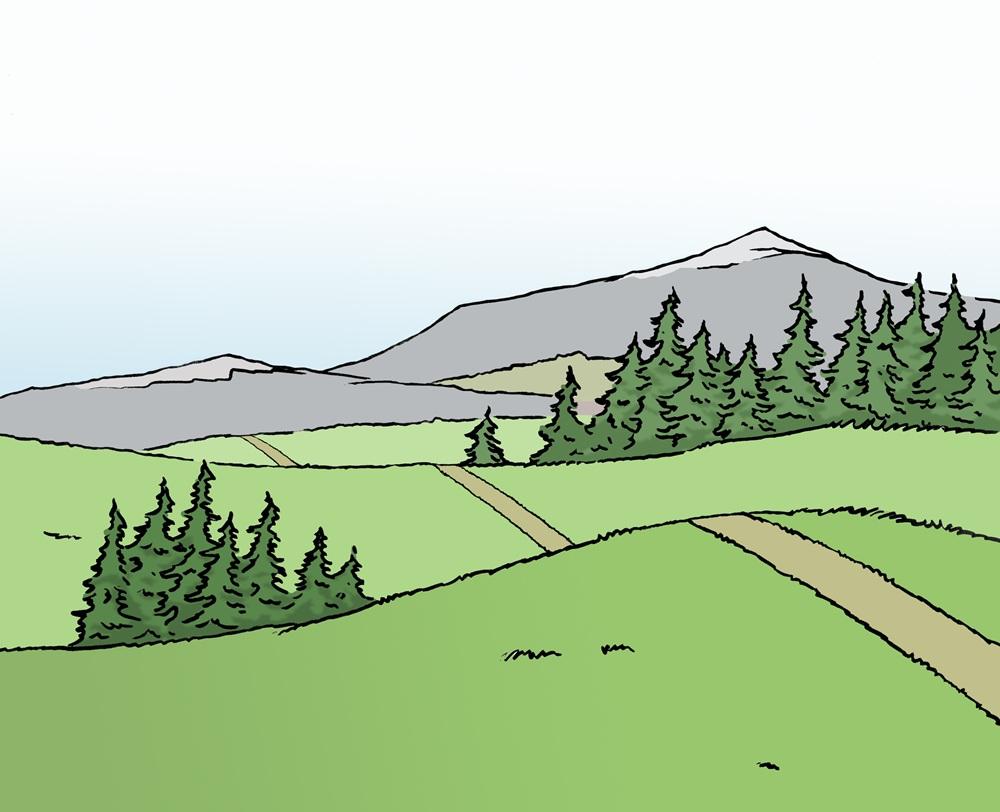 Landschaft mit Wiesen und Bergen