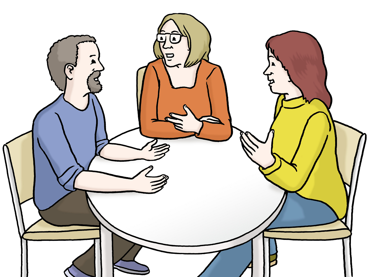 Menschen sitzen an einem Tisch und diskutieren (Zeichnung).