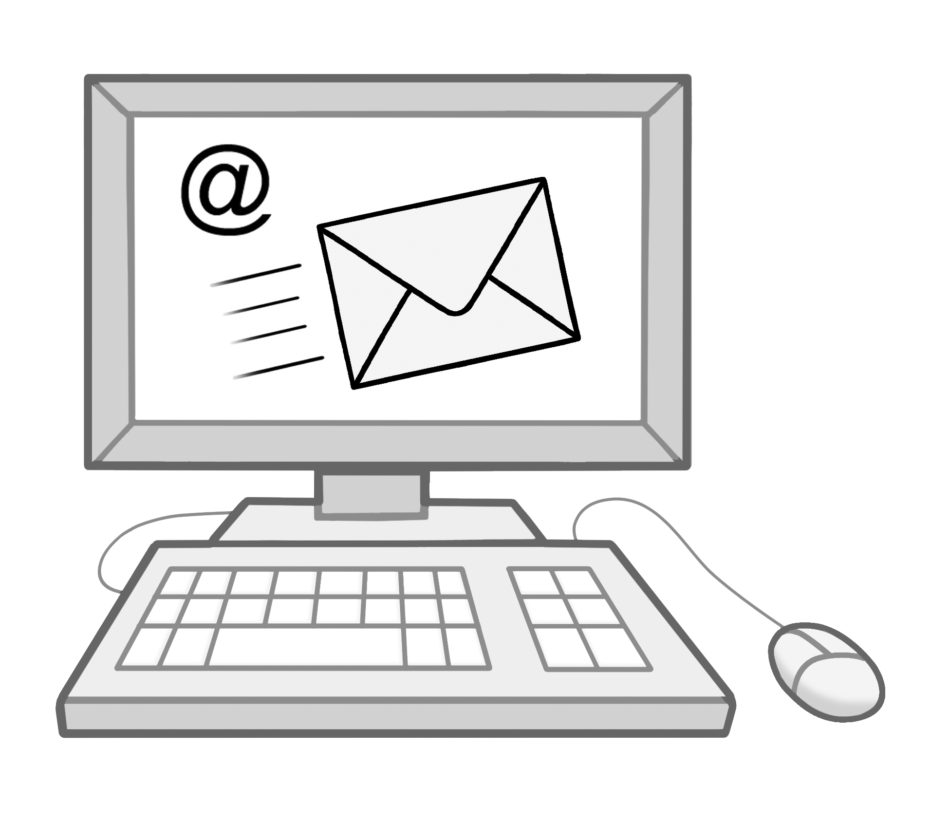 Zeichnung eines Computers. Auf dem Bildschirm ist ein Briefumschlag und ein E-Mail-Symbol zu sehen.