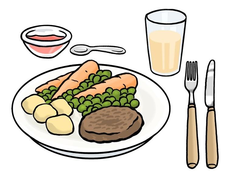 Gericht mit Nachtisch, Getränk und Besteck