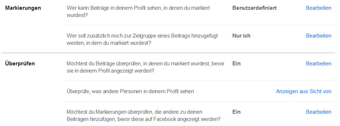Screenshot mit Einstellungsmöglichkeiten von Markierungen auf Facebook