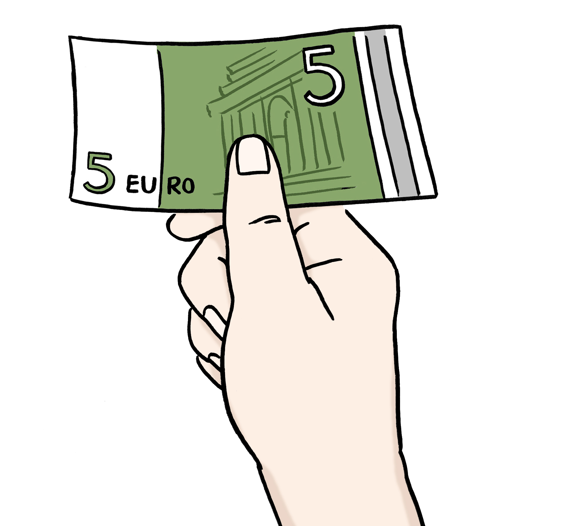 Gezeichnete Hand mit einem Geldschein.