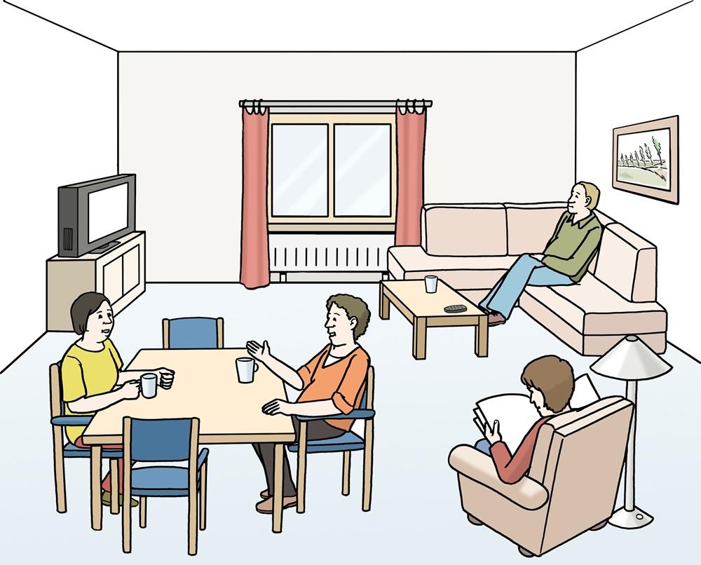 Zimmer mit Sessel und Leuten