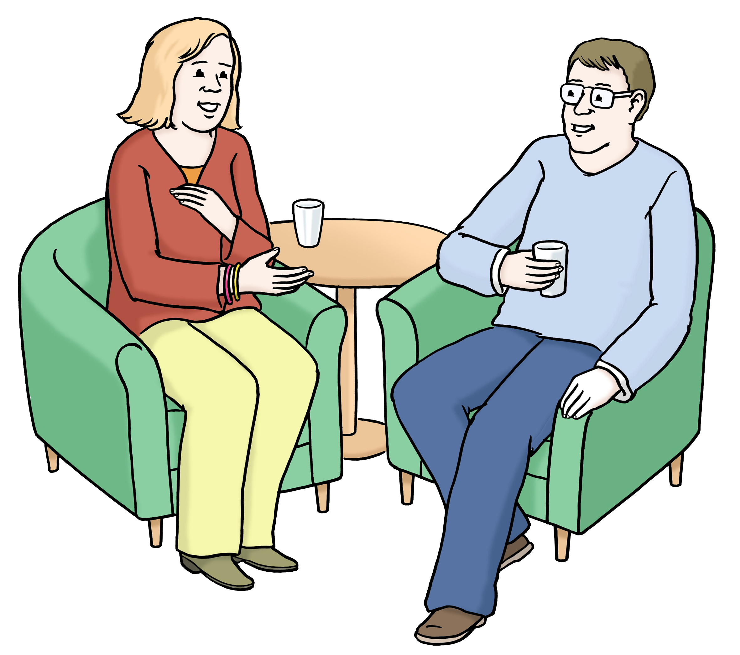 Zeichnung zweier Personen in einem Gespräch.