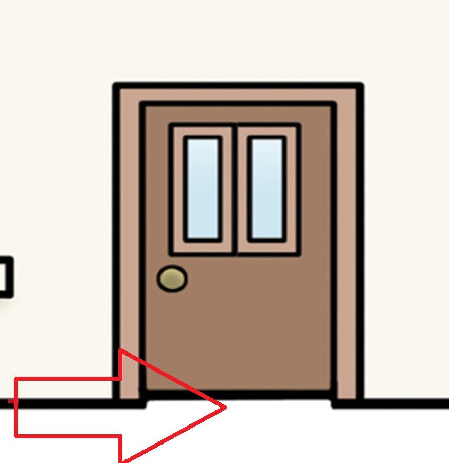 braune Haustür mit rotem Pfeil