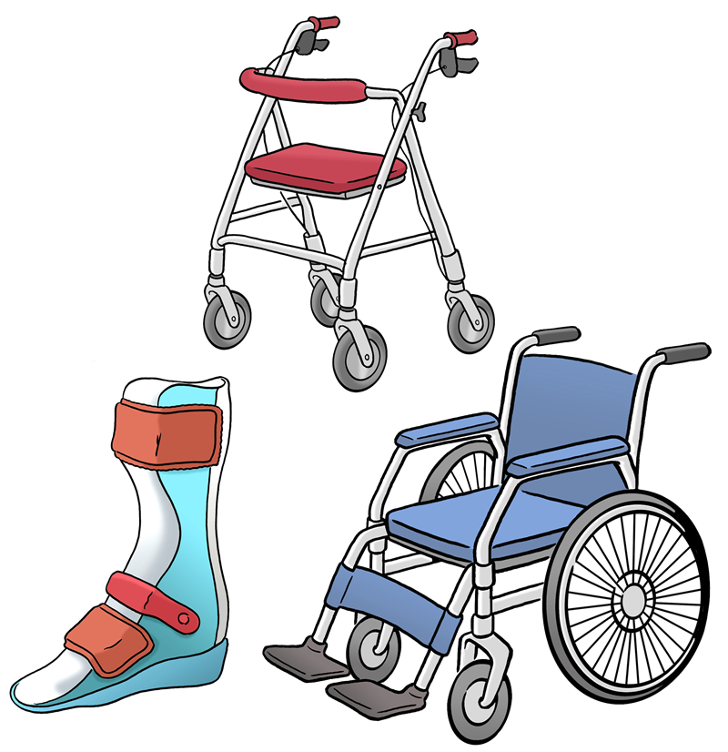 Rollstuhl, Gehhilfe und Rollator