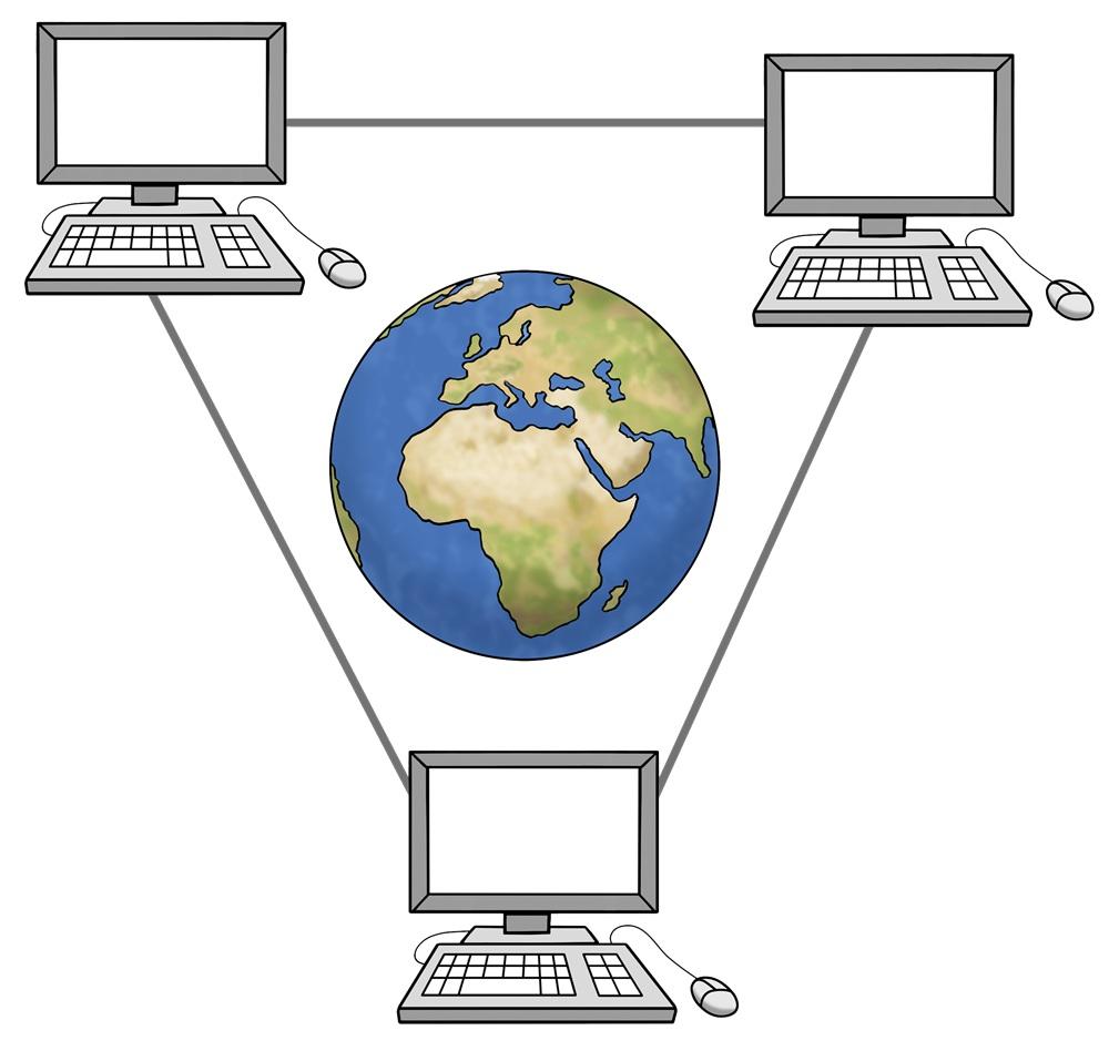 Weltkugel mit 3 Computern drumherum