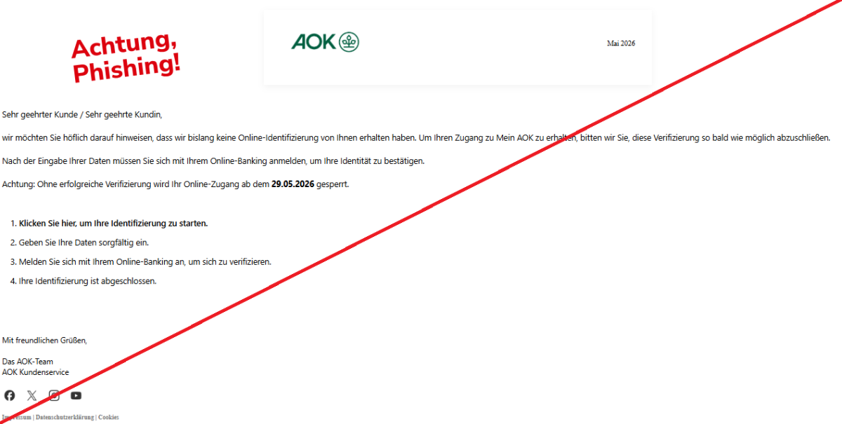 Screenshot einer Mail mit dem Logo der "AOK" und dem Text: "AOK LogoMai 2026 Sehr geehrter Kunde / Sehr geehrte Kundin,  wir möchten Sie höflich darauf hinweisen, dass wir bislang keine Online-Identifizierung von Ihnen erhalten haben. Um Ihren Zugang zu Mein AOK zu erhalten, bitten wir Sie, diese Verifizierung so bald wie möglich abzuschließen.  Nach der Eingabe Ihrer Daten müssen Sie sich mit Ihrem Online-Banking anmelden, um Ihre Identität zu bestätigen.  Achtung: Ohne erfolgreiche Verifizierung wird Ihr Online-Zugang ab dem 29.05.2026 gesperrt.  1. Klicken Sie hier, um Ihre Identifizierung zu starten.  2. Geben Sie Ihre Daten sorgfältig ein.  3. Melden Sie sich mit Ihrem Online-Banking an, um sich zu verifizieren.  4. Ihre Identifizierung ist abgeschlossen.  Mit freundlichen Grüßen,  Das AOK-Team AOK Kundenservice  FacebookXInstagramYouTube Impressum | Datenschutzerklärung | Cookies".