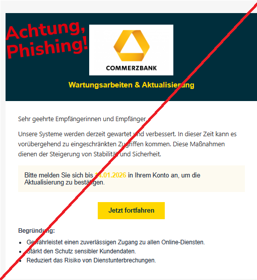 Screenshot einer E-Mail mit Logo der Commerzbank und Text: "Commerz Logo Wartungsarbeiten & Aktualisierung Sehr geehrte Empfängerinnen und Empfänger,  Unsere Systeme werden derzeit gewartet und verbessert. In dieser Zeit kann es vorübergehend zu eingeschränkten Zugriffen kommen. Diese Maßnahmen dienen der Steigerung von Stabilität und Sicherheit.  Bitte melden Sie sich bis 14.01.2026 in Ihrem Konto an, um die Aktualisierung zu bestätigen. Jetzt fortfahren Begründung: Gewährleistet einen zuverlässigen Zugang zu allen Online-Diensten. Stärkt den Schutz sensibler Kundendaten. Reduziert das Risiko von Dienstunterbrechungen."
