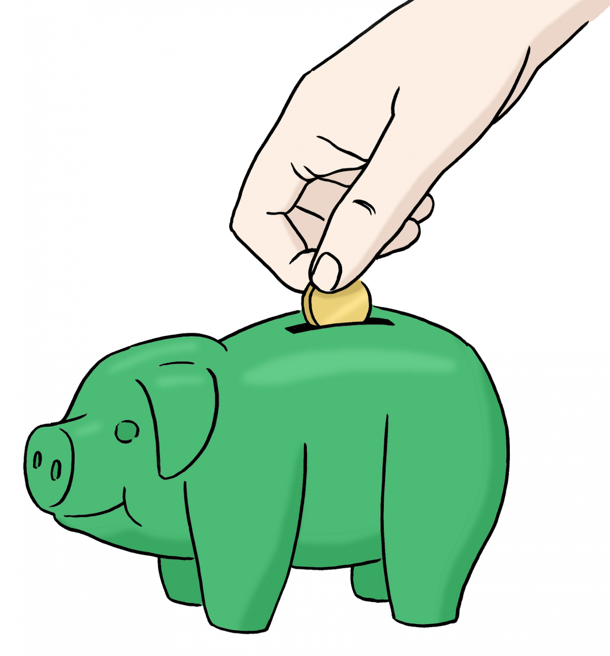 Eine Zeichnung eines grünen Sparschweins, in das gerade eine Münze gesteckt wird.