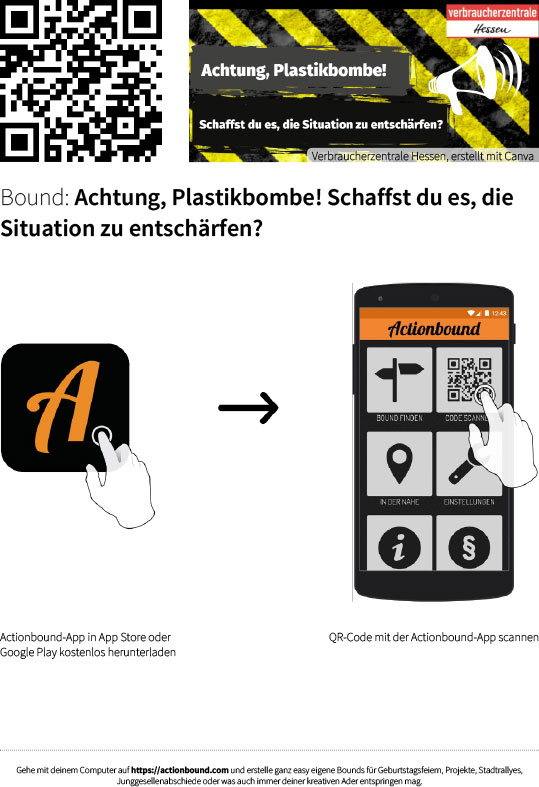 Startanleitung mit QR-Code zur Smartphone-Rallye "Achtung, Plastikbombe!"