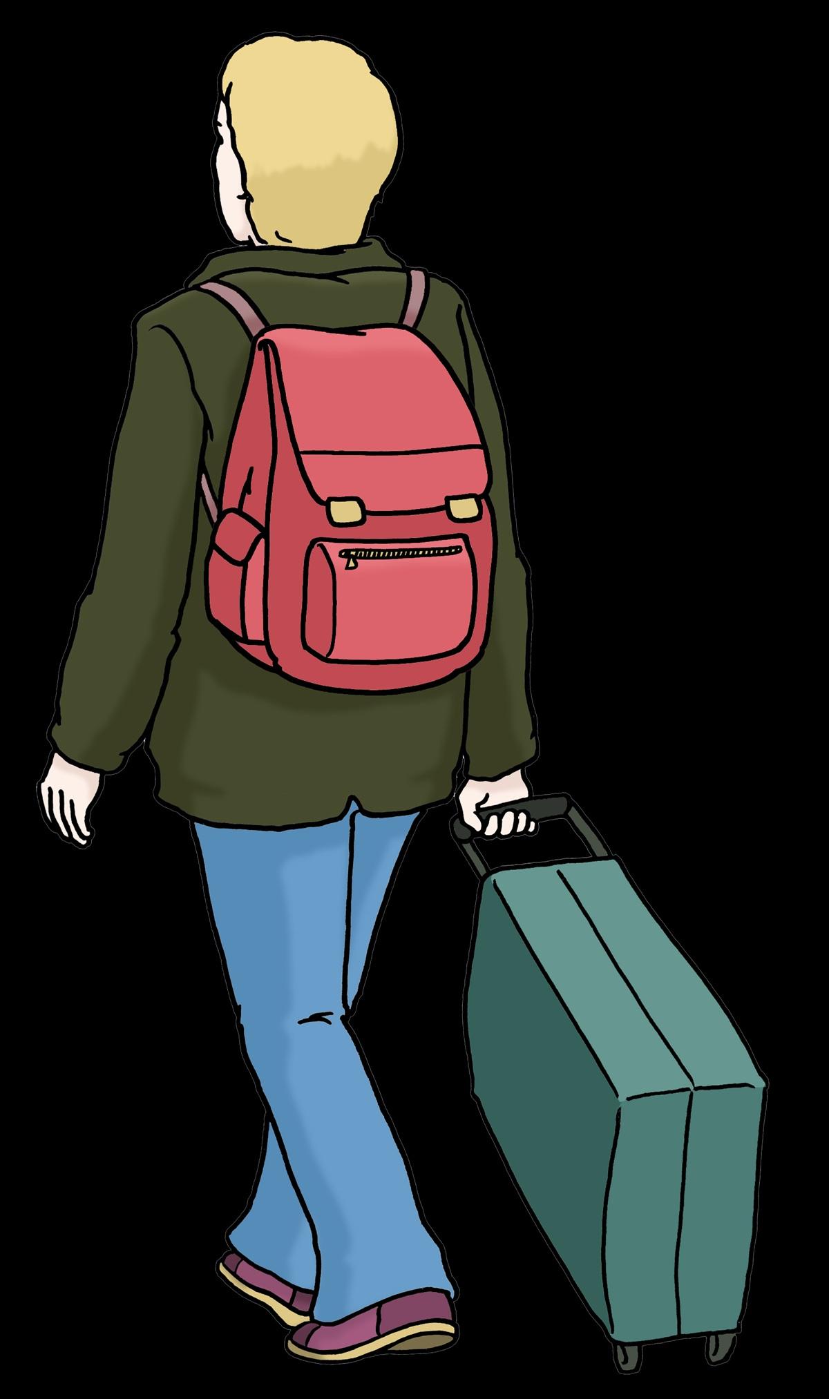 Mann mit Koffer und Rucksack von hinten