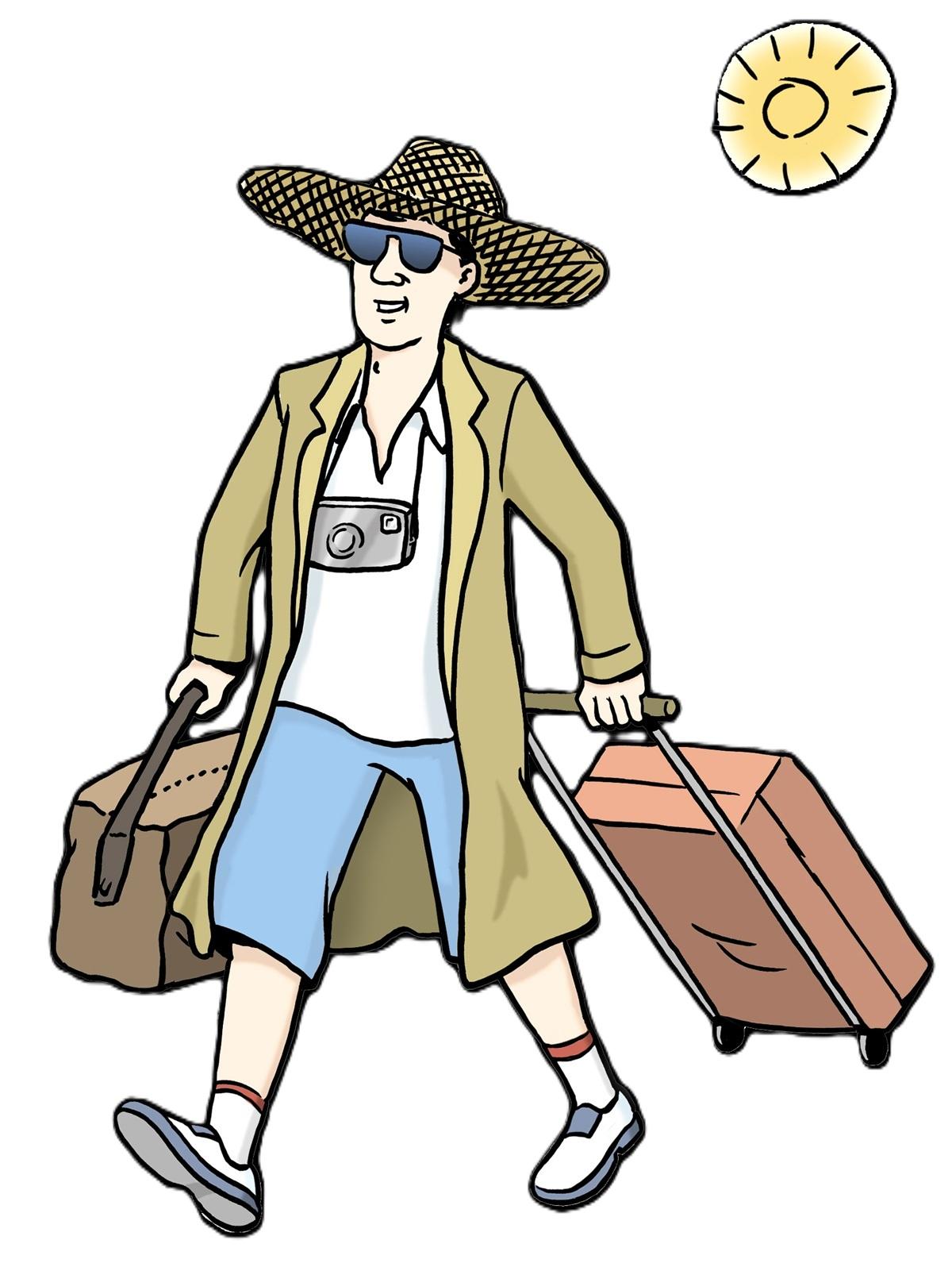 Mann mt Hut und sonnenbrille und Koffer