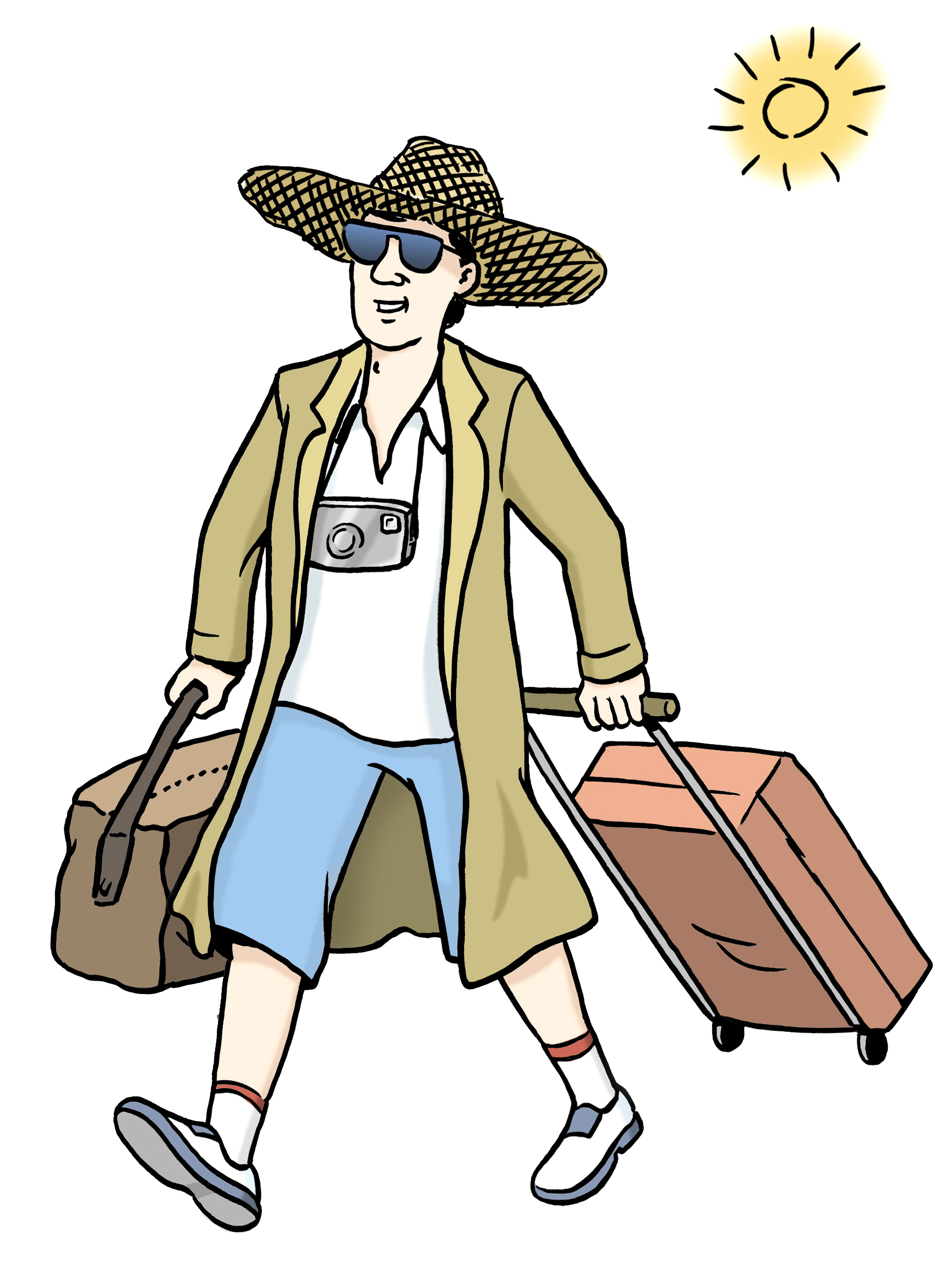 Zeichnung eines Mannes mit Hut, Sonnenbrille und Koffer.