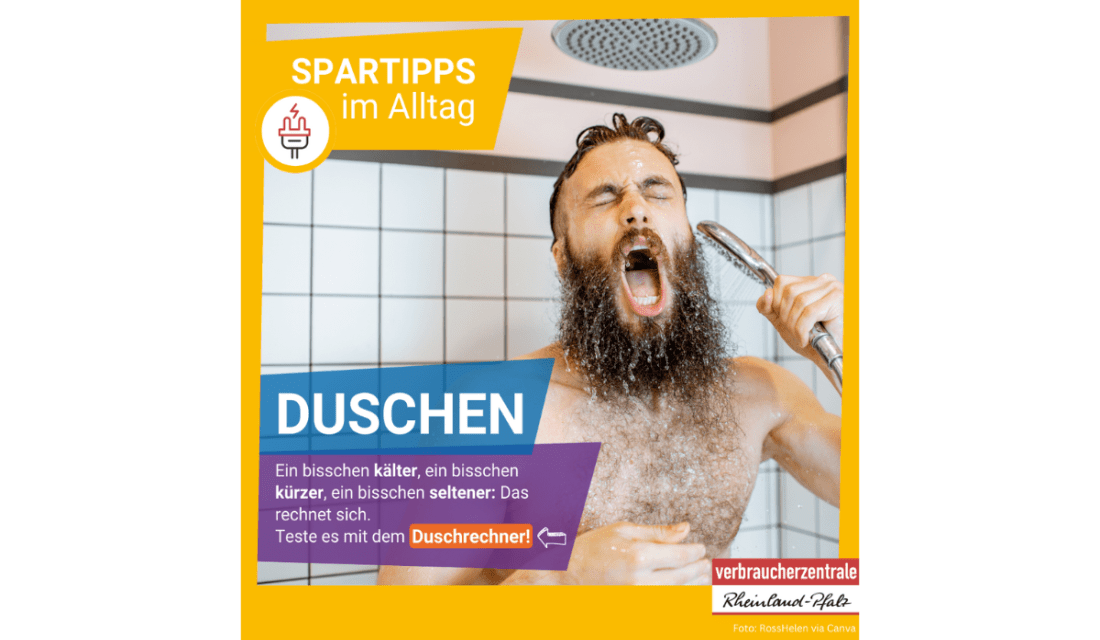 Spartipps im Alltag. Duschen. ein bisschen kälter, ein bisschen kürzer, ein bisschen seltener: Das rechnet sich.  Teste es mit dem Duschrechner!