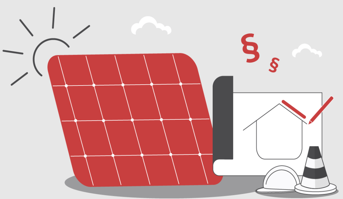 Grafik zeigt ein Solarpanel, ein Haus und Paragrafenzeichen.