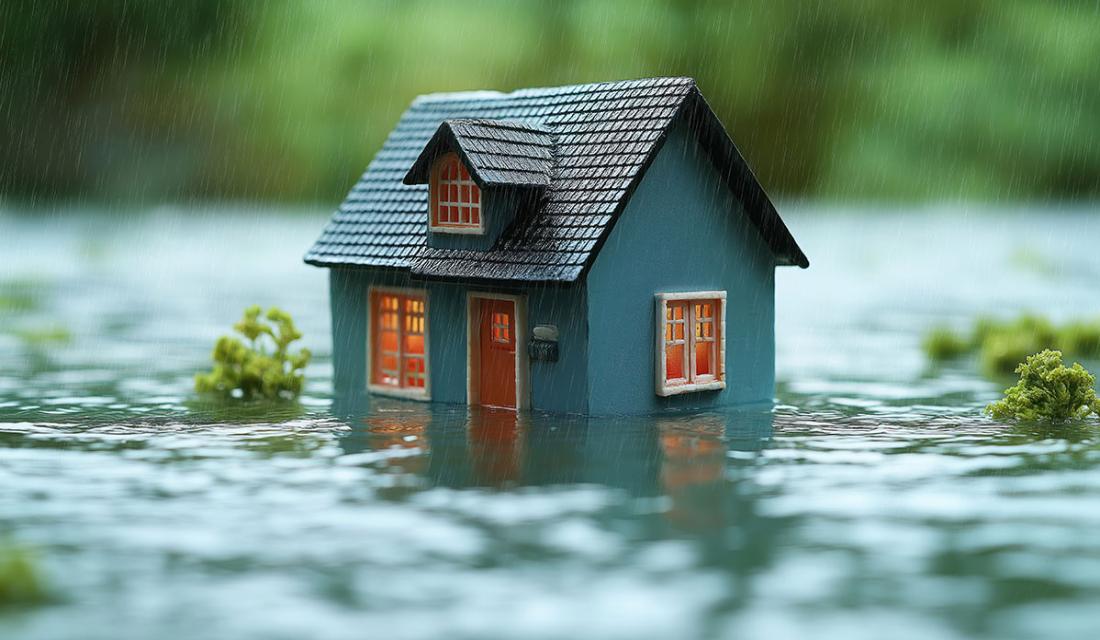 Ein Haus, das im Wasser schwimmt.