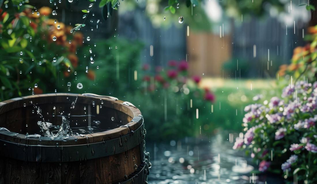 Auf dem Bild ist ein Fass und ein Garten im Hintergrund zu sehen. In dem Fass regnet Regenwasser hinein.