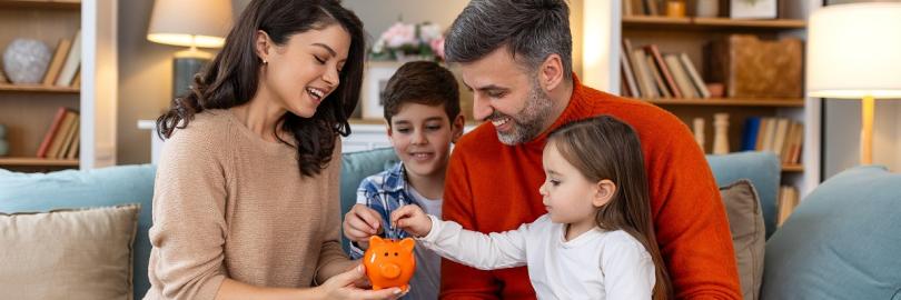 Eine Familie auf dem Sofa füttert ein Sparschwein mit Geld