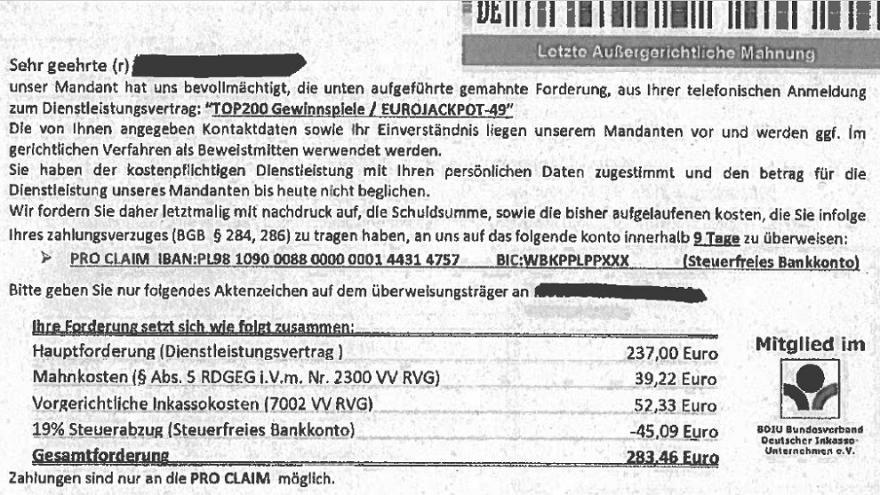 Eine Zahlungsaufforderung eines Inkasso-Unternehmens.