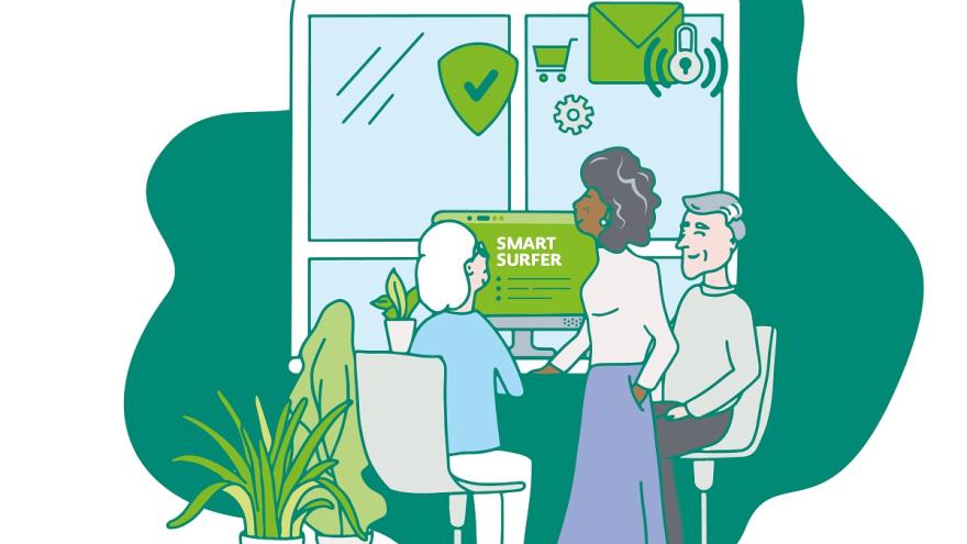 Eine Illustration mit drei Personen am Computer vor einem Fenster.