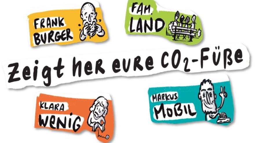Illustration mit bunten Namens- und Symbol-Sticker-Elementen und dem Text ‚Zeigt her eure CO₂-Füße‘ – thematisch CO₂-Fußabdruck und Nachhaltigkeit.