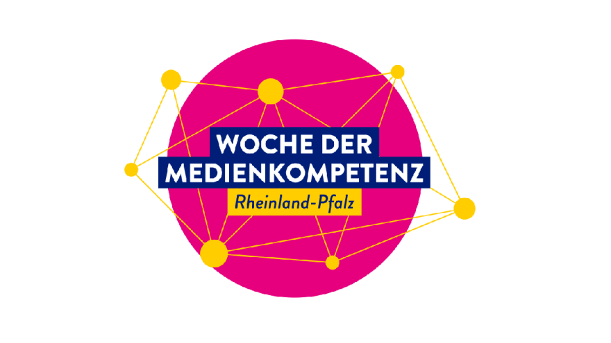 Ein Logo der Woche der Medienkompetenz: ein rosafarbener Kreis in der Mitte, umgeben von einem gelben Netz mit gelben Kreisen.