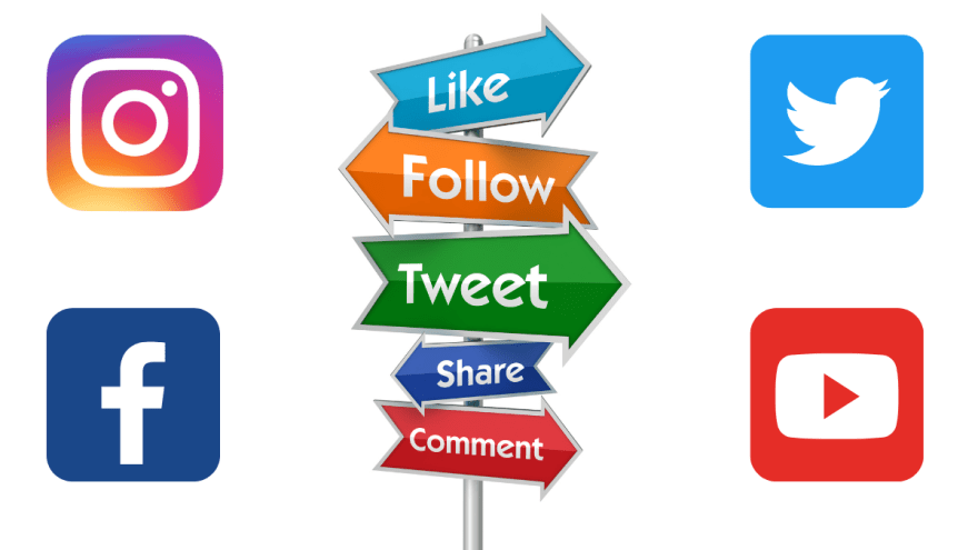 Ein Schilderwald mit den Begriffen "Folgen", "Liken", "Teilen", "Kommentieren" (auf englisch) und ein paar Social Media Icons