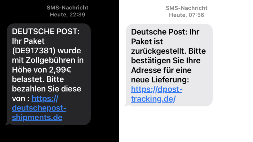 Screenshots von zwei Phishing-SMSen