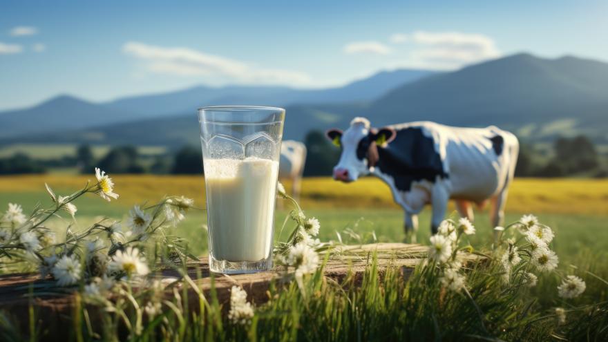 Eine Kuh auf einer Weide. Im Vordergrund steht ein Glas Milch.