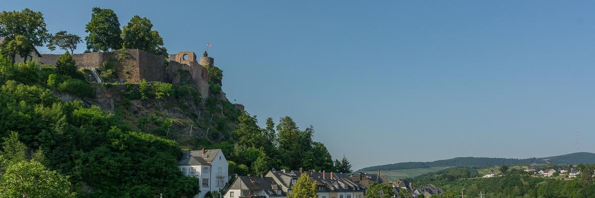 Ein Passagierschiff legt unterhalb einer Burg an.