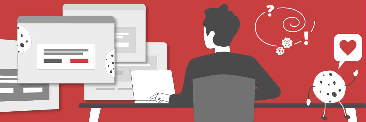 Grafik eines arbeitenden Mannes mit Cookie-Banner im Browser