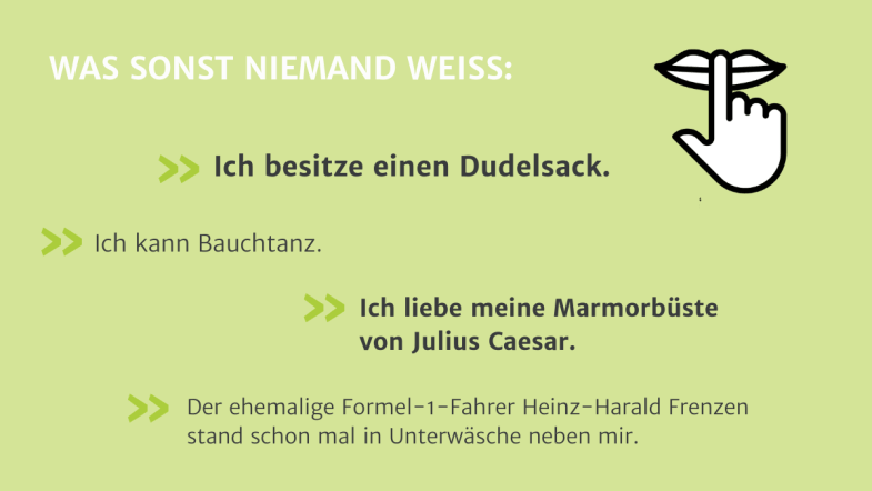 Folie mit gezeichneten Lippen und einem Finger davor, der Psst macht.