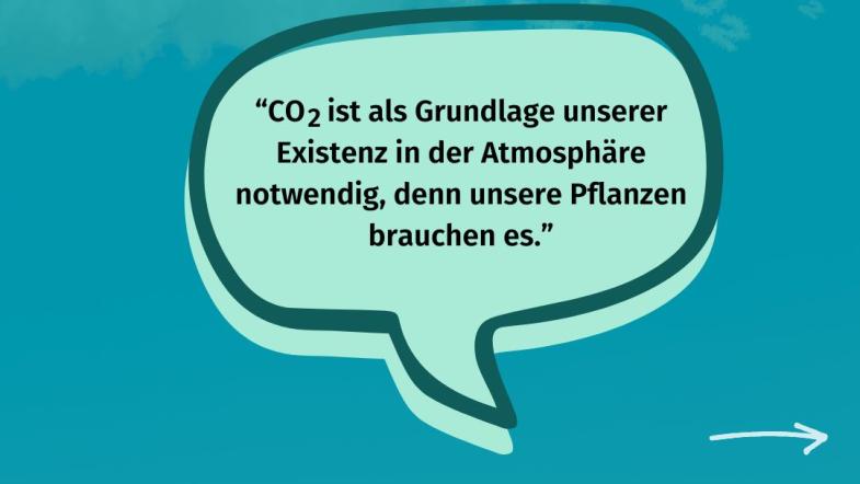 Im Hintergrund ist CO2 Rauch zu sehen mit folgendem Klima-Mythos: CO2 ist als Grundlage unserer Existenz in der Atmosphäre notwendig, denn unsere Pflanzen brauchen es.