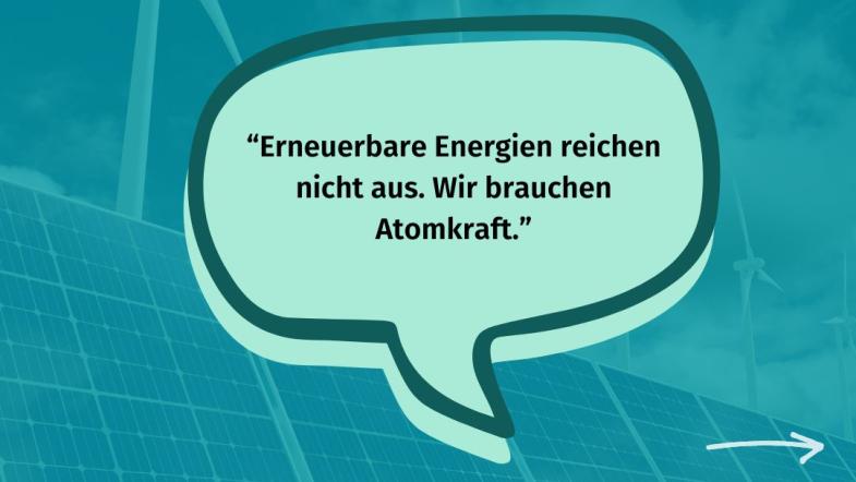 Im Hintergrund sind Windräder und Solaranlagen zu sehen mit folgendem Klima-Mythos: Erneuerbare Energien reichen nicht aus. Wir brauchen Atomkraft.