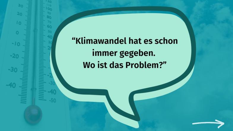 Im Hintergrund ist ein Thermometer zu sehen mit folgendem Klima-Mythos: Klimawandel hat es schon immer gegeben 